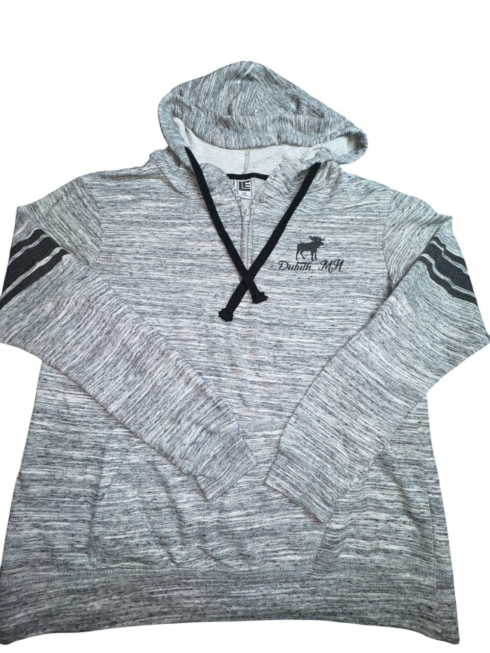 Duluth MN Moose Gray Marled V Neck Hooded Pullover Women’s XL Striped Sleeve